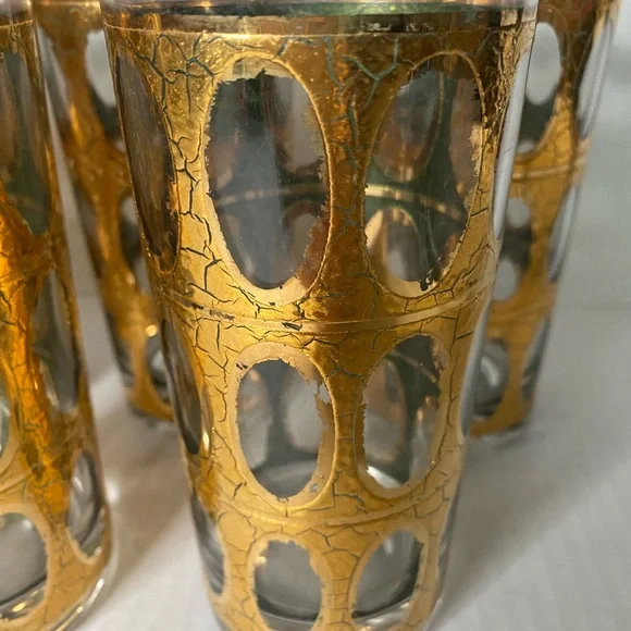 CULVER Mid Century Modern "Pisa" Crackled 22k Gold Highball Glasses - Set of 7 - Picture 2 of 4